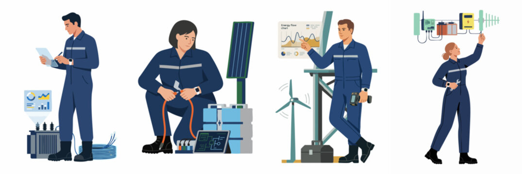 Flat vector illustration set of professional technicians and engineers working with solar panels, wind turbines, and electrical infrastructure for renewable energy.