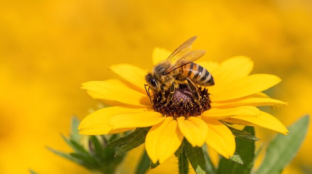 Honey bee collecting pollen on yellow flower, macro photography of honeybee on black-eyed susan, vibrant summer garden nature scene with insect
