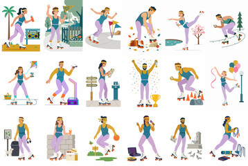 Fototapeta premium Set of 18 retro 80s style illustrations featuring a character in fitness gear and roller skates performing various outdoor and indoor activities.