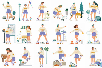 Fototapeta premium Collection of Vector Illustrations Featuring Diverse Young People Enjoying Various Activities While Roller Skating in an Urban Environment.