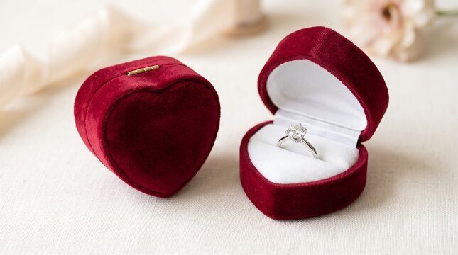 Red velvet heart shaped jewelry box with diamond engagement ring, romantic marriage proposal concept, elegant velvet ring case on white background
