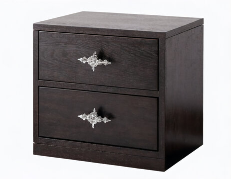 Nightstand photo, dark wood bedside table with ornate crystal drawer pulls on isolated white background