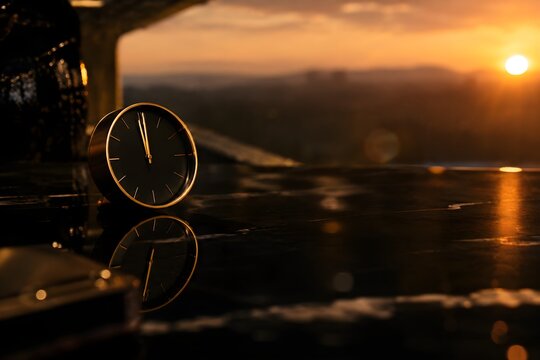 A clock face near midnight, hands almost vertical, photo, black and metallic gold