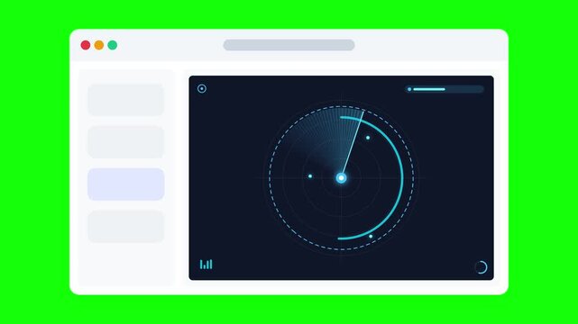 Digital radar sonar interface in browser windows on green screen