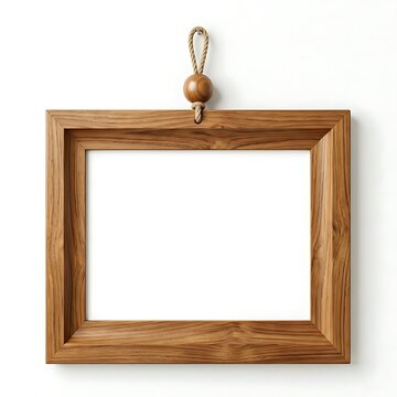 Rustic wooden picture frame hanging on a wall with a rope loop
