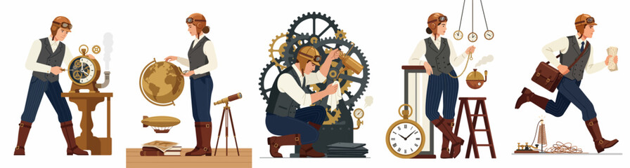 Steampunk character set featuring a Victorian inventor and explorer in various poses with gears, clocks, globes, and airships. © Li