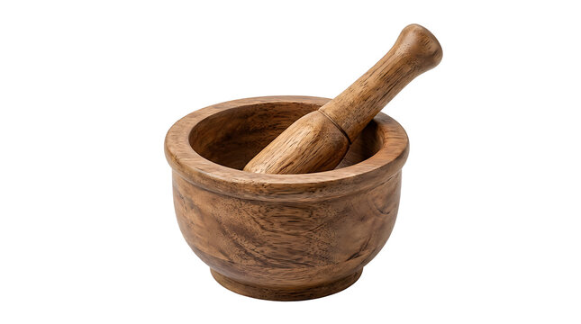 Wooden Mortar and Pestle Isolated on White Background, Traditional Kitchen Tool for Grinding Spices, Herbs, Food Ingredients and Herbal Medicine Preparation