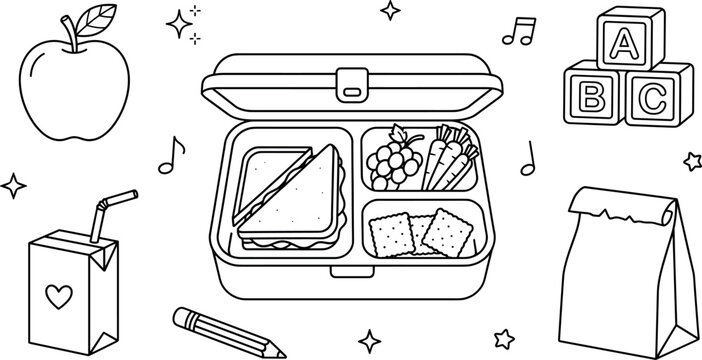 School lunchbox food line art vector illustration elements set featuring healthy sandwich apple juice box and paper bag