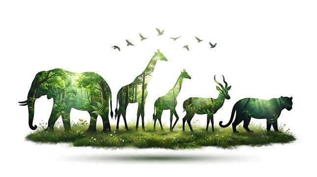 Double exposure silhouettes of wild animals filled with lush green forest