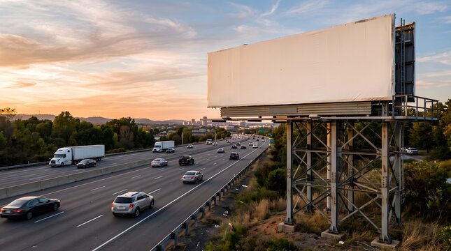 A blank billboard stands adjacent to a busy highway during a golden hour sunset advertising freeway roadway