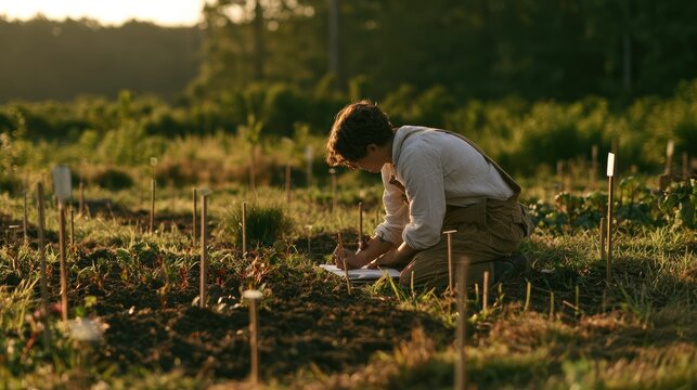 Young person cultivated garden jotting notes in golden sunlight