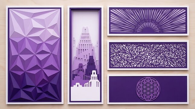 Modern purple paper cut art panels featuring geometric patterns and cityscapes on wooden background