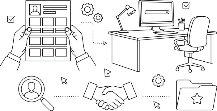 Human resources recruitment line art vector illustration elements set featuring resume handshake magnifying glass computer desk and office