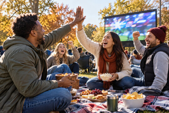 Friends sharing a community sports viewing celebration outdoors