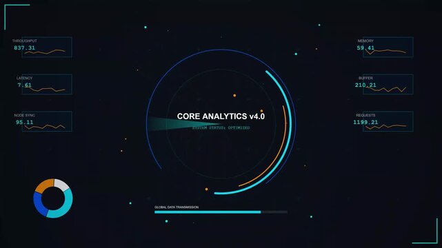 Digital hud analytics dashboard showing data processing on dark background
