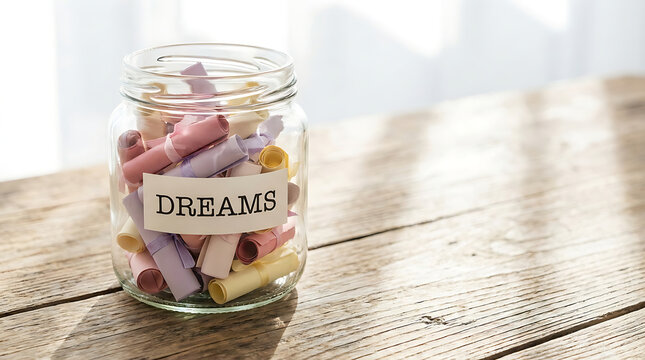 A glass jar filled with colorful paper scrolls labeled dreams on a rustic wooden table in sunlight