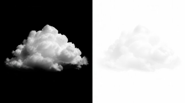 A fluffy cumulus cloud formation is presented in stark contrast, appearing brilliantly luminous against a void of absolute darkness on one side and softly fading into a luminous expanse