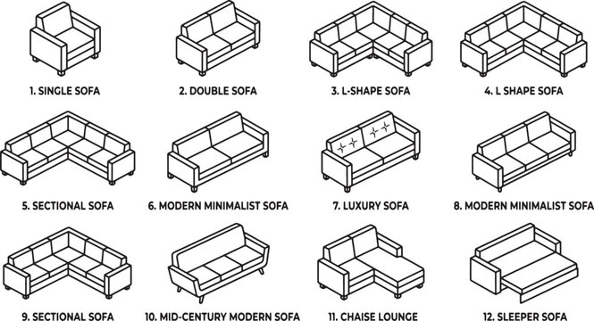 Set of Twelve Isometric Sofa Icons for Interior Design Planning Vector