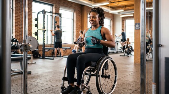 Confident Woman in Wheelchair Working Out at Gym.