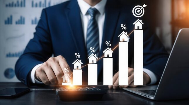 A determined business executive in a sharp suit meticulously analyzes financial data and investment charts, illustrating the strategic upward trajectory of housing market growth and achieving