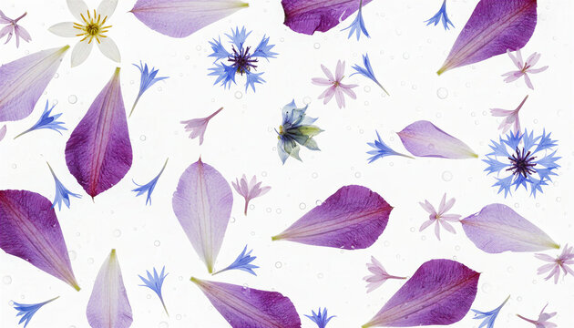Floral pattern with purple clematis petals and blue cornflowers on white background