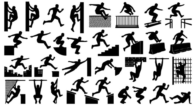 Urban Male Parkour Climbing and Jumping Silhouette Vector Set