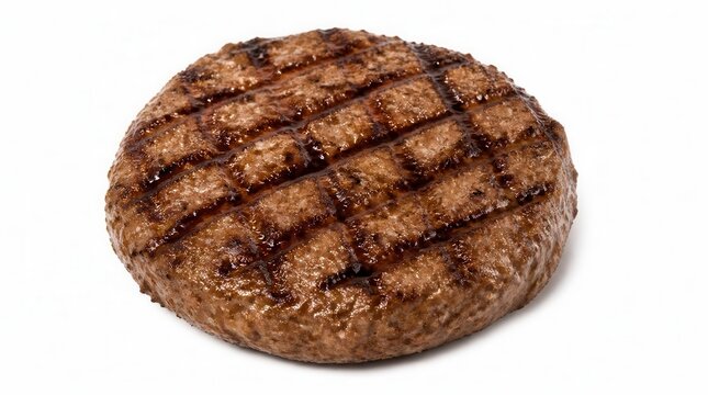 A perfectly grilled, savory beef patty displaying appetizing char marks from the grill, ready to become the delicious centerpiece of a gourmet burger experience