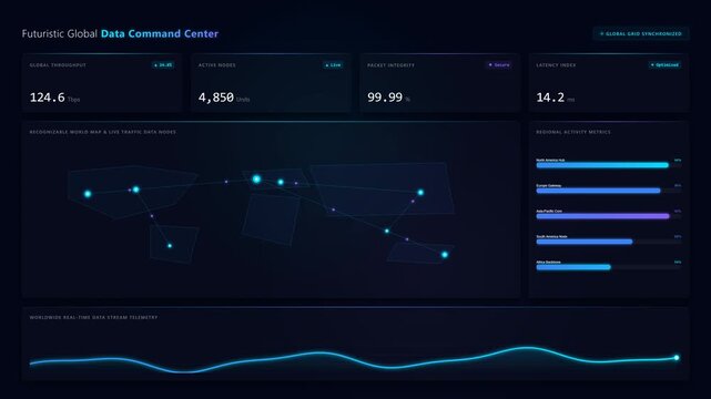 Futuristic Global Data Command Center Dashboard with Analytics and Network Visualization