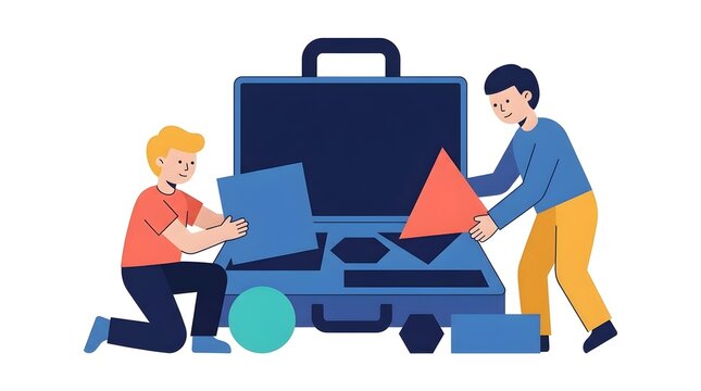 Two Boys Fitting Geometric Shape Blocks into Open Briefcase Suitcase Flat Vector Illustration