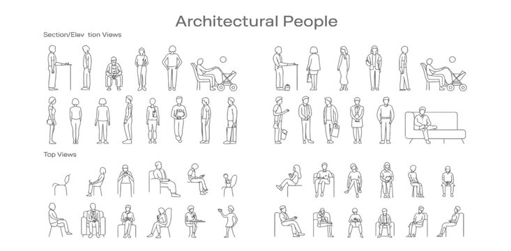 Architectural people scale figures in elevation and top view for plan drawing.
