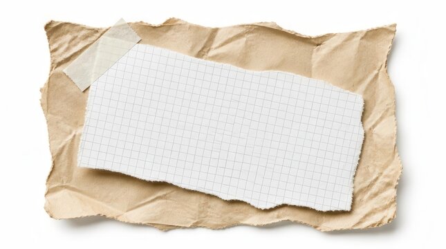A torn piece of gridded paper is taped onto a crumpled sheet of brown paper, creating a textured and layered composition perfect for conveying messages or notes