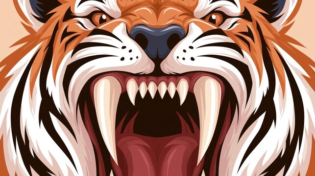 Growth Power Tiger Roaring Mascot Illustration Fierce Animal Face Bold Stripes Sharp Teeth Aggressive Wildlife Vector Art Design
