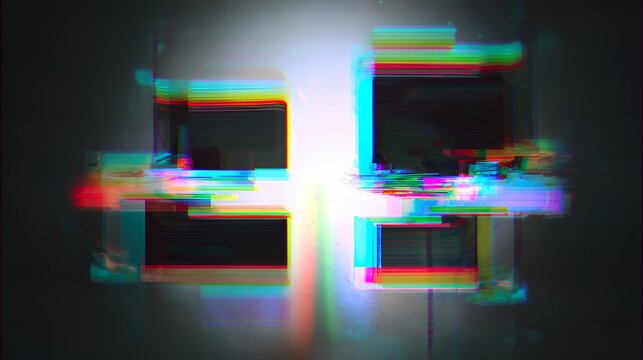 Abstract glitch art overlay with intense RGB split chromatic aberration and distorted geometric frames