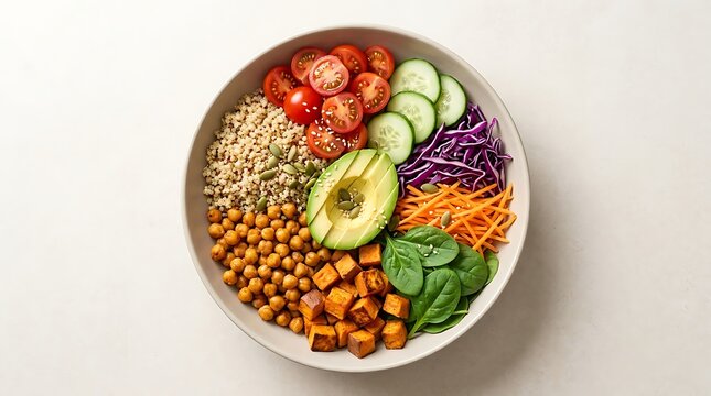 Healthy vegan buddha bowl with quinoa, roasted chickpeas, sweet potatoes, fresh avocado, cherry tomatoes, cucumber, red cabbage, spinach, and carrots served in a bowl on a light background.