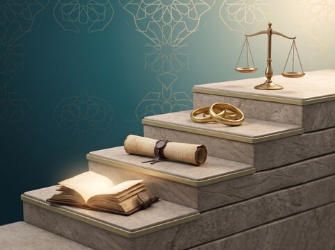 Stone steps ascending with glowing open book, ancient scroll, gold rings and brass balance scale on teal Islamic geometric background