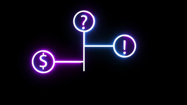 Neon connection diagram featuring question mark dollar and exclamation icons with glow effects