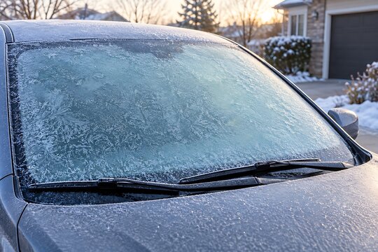 Close Up View of a Frosted Car Windshield Covered in Intricate Ice Crystals on a Cold Winter Morning in a Suburban Residential Neighborhood at Sunrise with Snow on the Ground