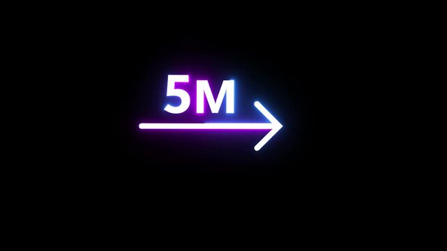 Neon arrow sign with five meters text distance indicator glowing in dark blue and purple hue