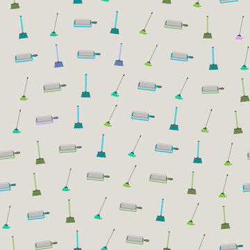 Seamless pattern of brooms and mops