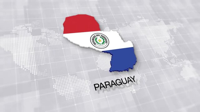 Paraguay map with national flag on minimal digital world map background, global political, geographic border for international news concept with white background