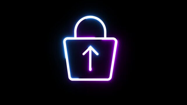Neon shopping bag icon with upward arrow animation glowing against dark black empty background