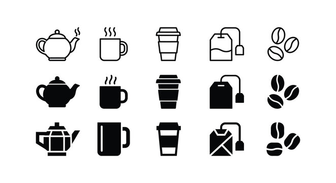 Collection of black line icons depicting tea coffee and coffee beans