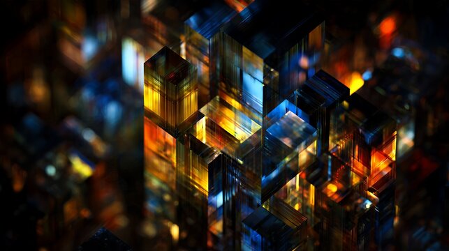 Abstract 3D glowing crystal cubes background overlay with colorful geometric datablocks and digital refraction