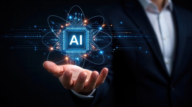 A business professional showcases a glowing holographic chip prominently displaying the letters 'AI' surrounded by intricate glowing lines and nodes, symbolizing advanced artificial intelligence
