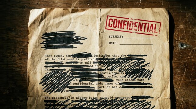 A heavily distressed, weathered paper document bearing a prominent 'CONFIDENTIAL' stamp, with sections of text deliberately obscured by thick black ink scribbles, suggesting a secret