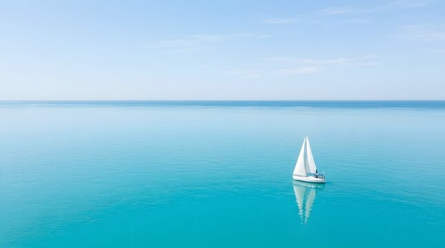 Minimalist aerial shot of a lone white sailboat gliding across perfectly calm and crystal clear turquoise ocean waters under a vast cloudless blue sky with immense copy space for summer travel themes