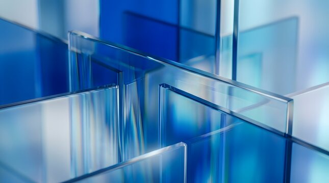 Abstract Composition of Transparent Blue Glass Panels Reflecting Light in Modern Studio Setting