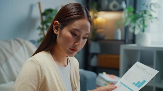 Young Asian woman calculates expenses and checks bills with laptop in living room at home. Personal finance budget planning, Tax return invoice paperwork, Household banking savings analysis concept.