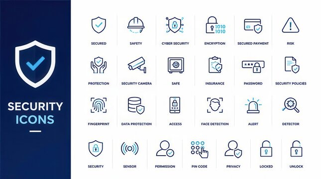 A comprehensive collection of line art security and protection symbols, featuring elements like shields, locks, and surveillance, representing digital and physical safeguarding concepts for web
