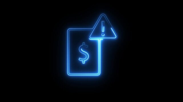 Neon billing warning icon glowing blue on black background with elegant digital animation